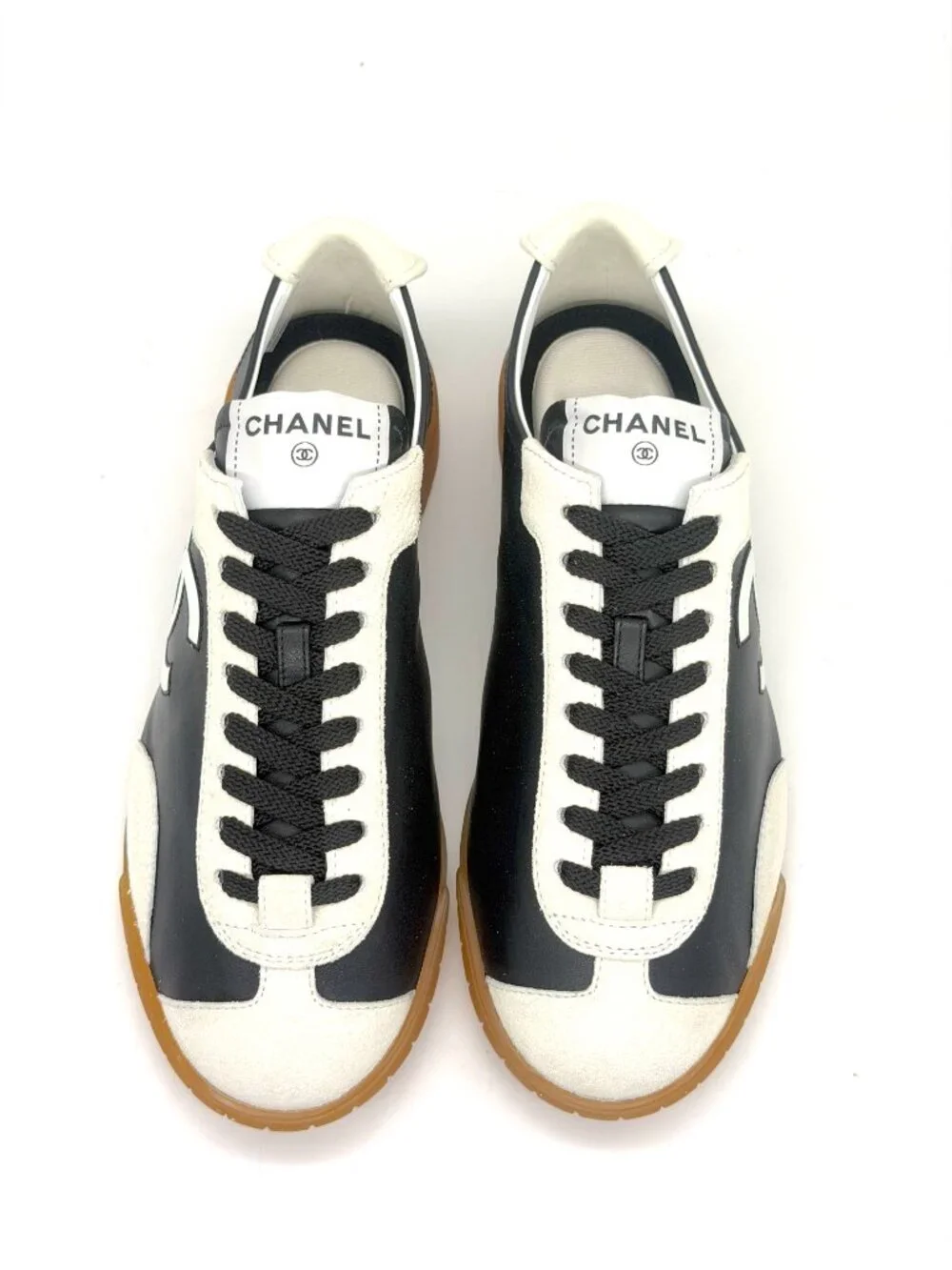 CHANEL REV Leather Suede CC Slim Retro Lace Up Sneakers Flats Trainers Shoes